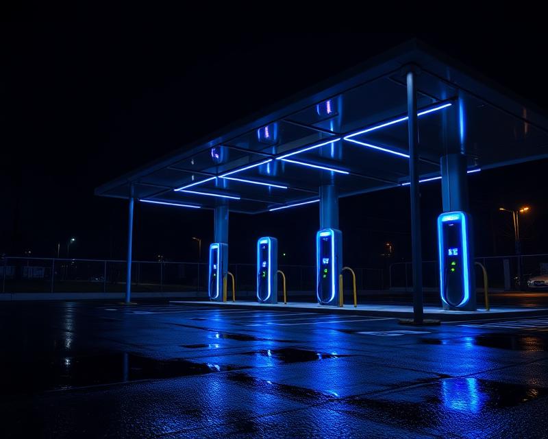 Eletroposto moderno com iluminação azul