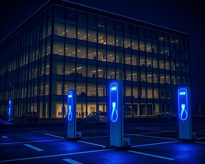 Prédio corporativo com carregadores no estacionamento